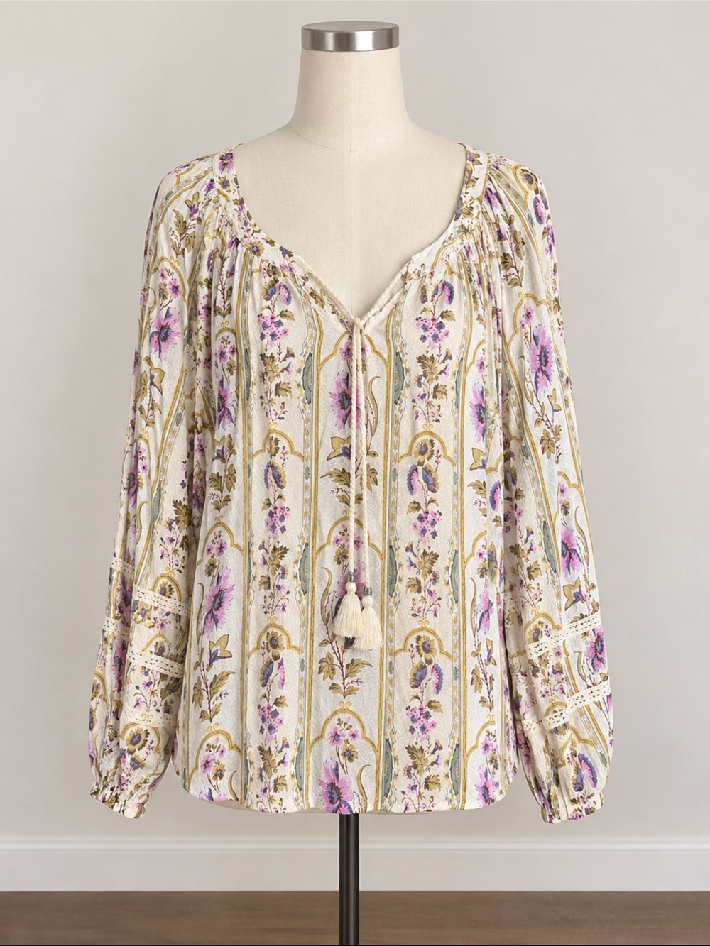 Boho Floral Peasant Top - Cream with Purple and Gold, 100% rayon